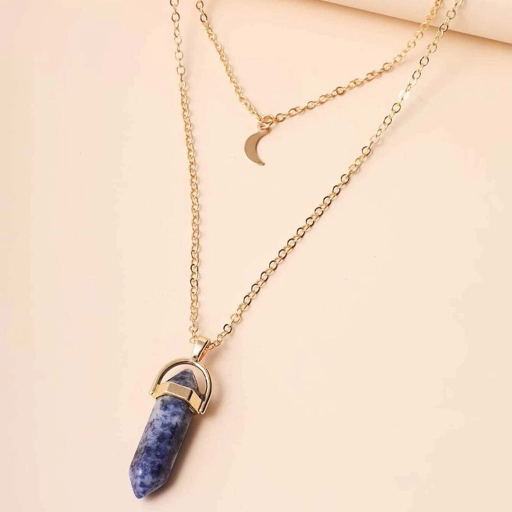 🎉 New Layered Navy Stone Crescent Moon Pendant Necklace